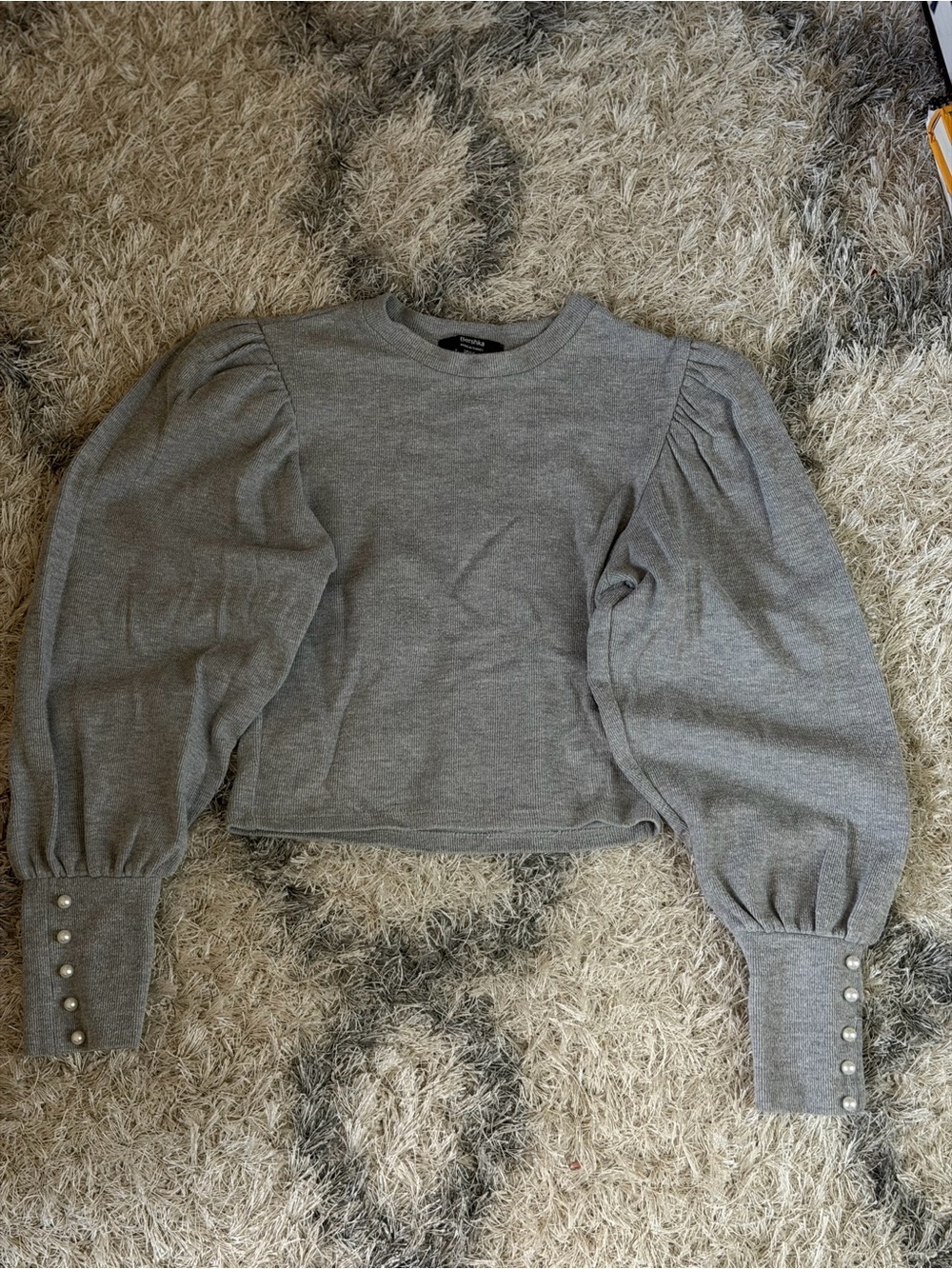 Bershka Gray Puff-Sleeve Sweater Top with Pearl Cuff Buttons